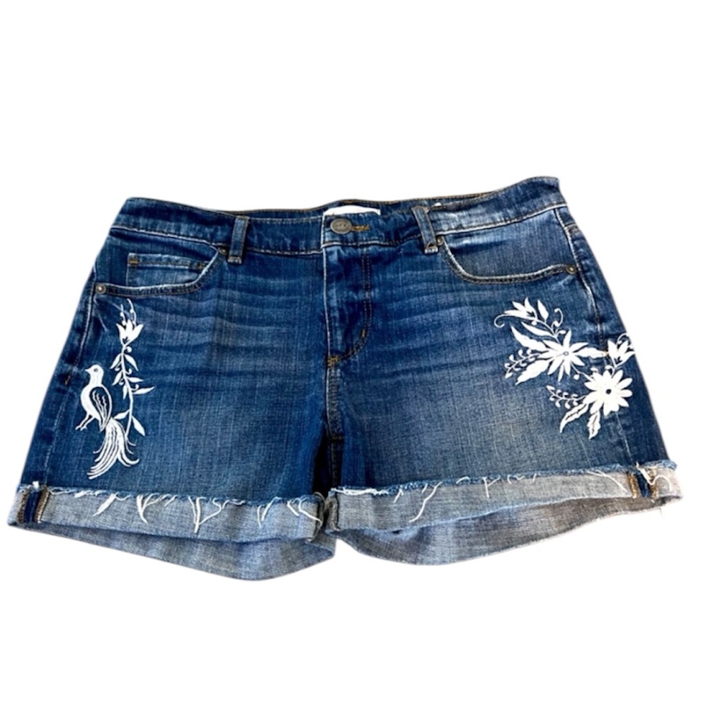 Women's loft vintage look Blue Denim Shorts bird Embroidery cottagecore